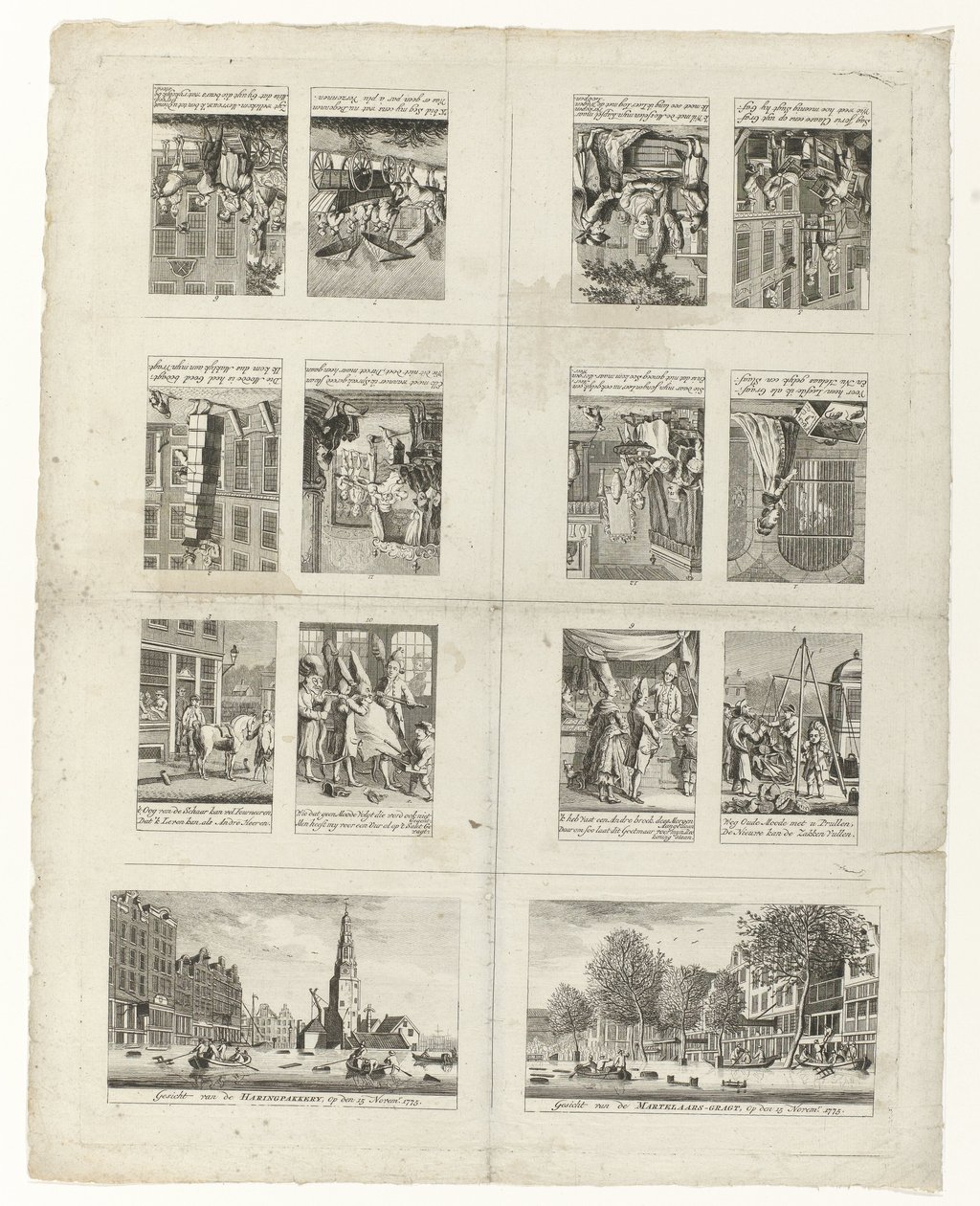Tegnefilm om mode og to udsigter over Amsterdam under oversvømmelserne i 1775 af Anonymous