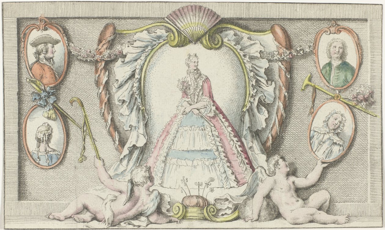 Stående kvinde, to putti og fire medaljoner Former 1730 Mercure de France (serietitel) af Anonymous