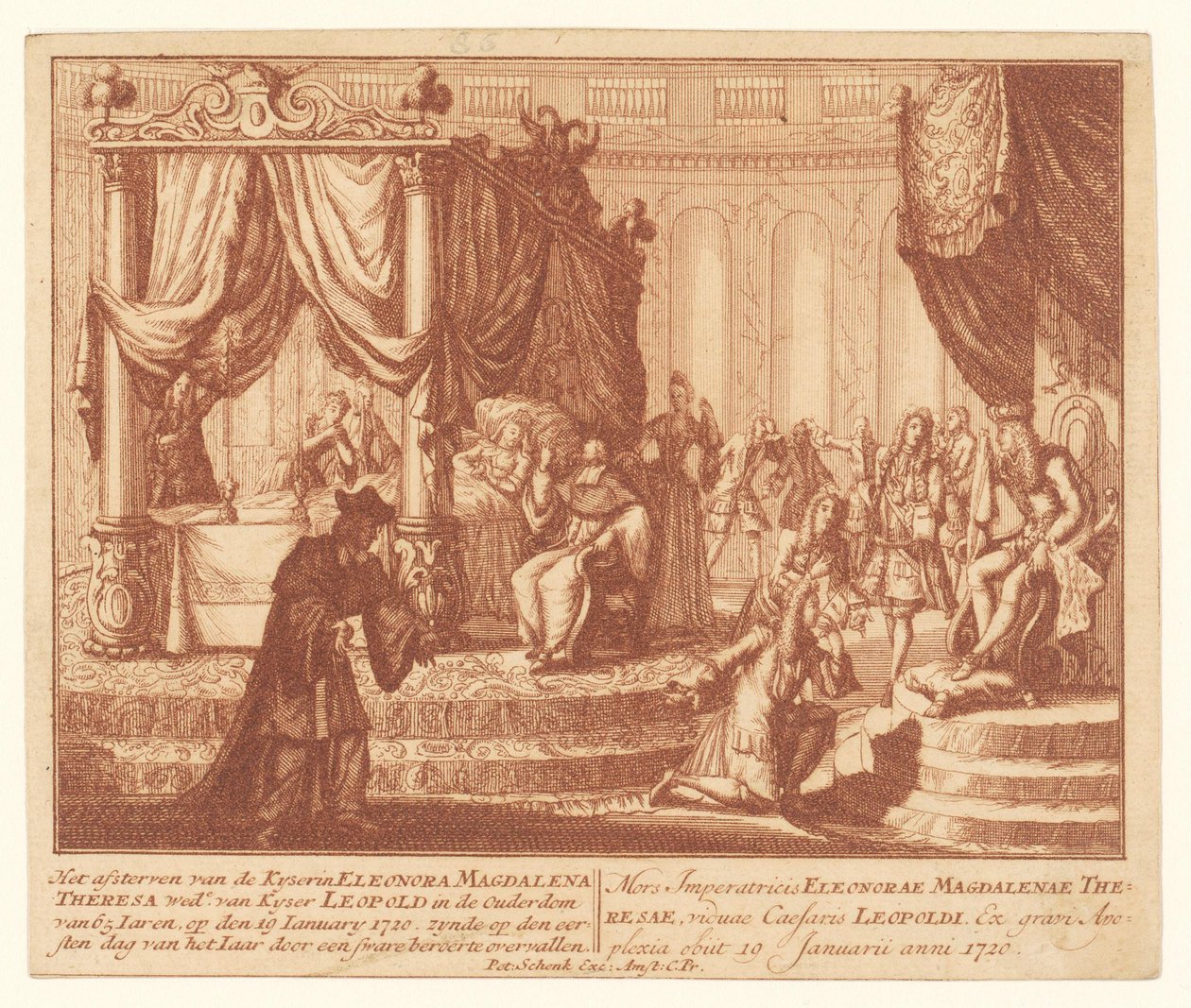 Dødslejet af kejserinde Eleanor af Pfalz-Neuburg, 19. januar 1720 Kyserinens døende Eleonora Magdalena Theresa Woad. af Kyser Leopold i en alder af 65 Iaren (...) (titel på objekt) af Anonymous