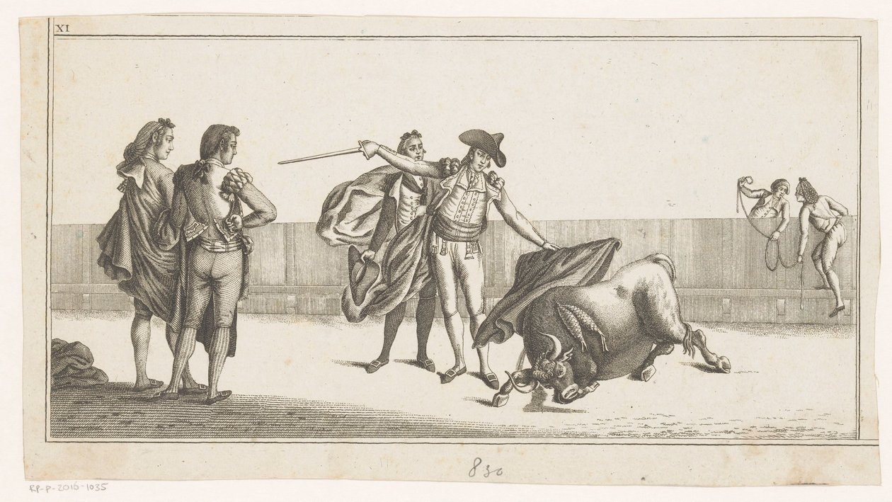 Tyr stukket af en matador Coleccion de las principales suertes de una corrida de toros (serietitel på objekt) Samling af de vigtigste tyrefægtningsmanøvrer (serietitel) af Anonymous