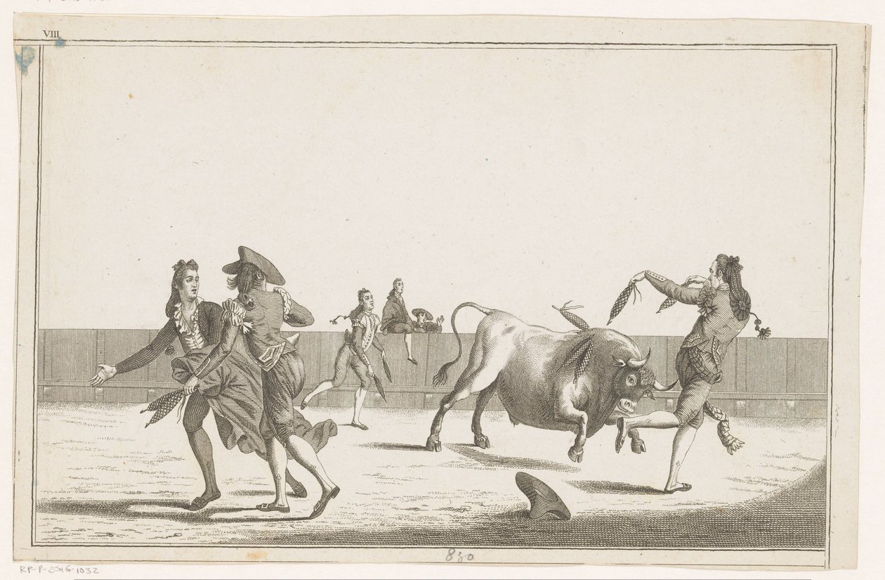 Tyren er udfordret med banderillas Coleccion de las principales suertes de una corrida de toros (serietitel på objekt) Samling af de vigtigste tyrefægtningsmanøvrer (serietitel) af Anonymous