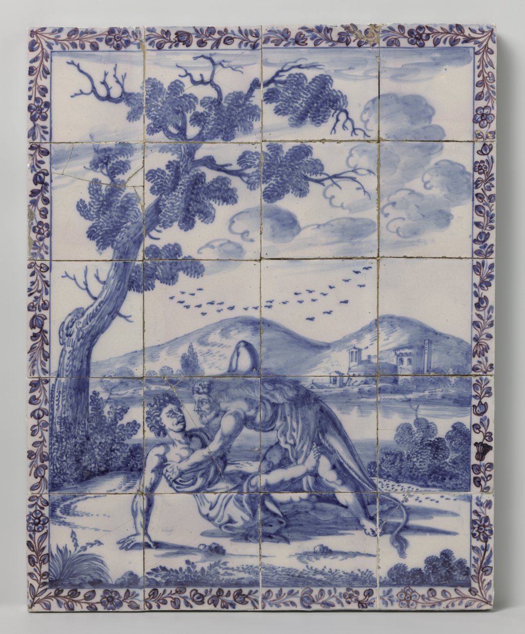 Flisepanel med et blåt landskab med en mytologisk scene: Hercules og Achelous af Anonymous