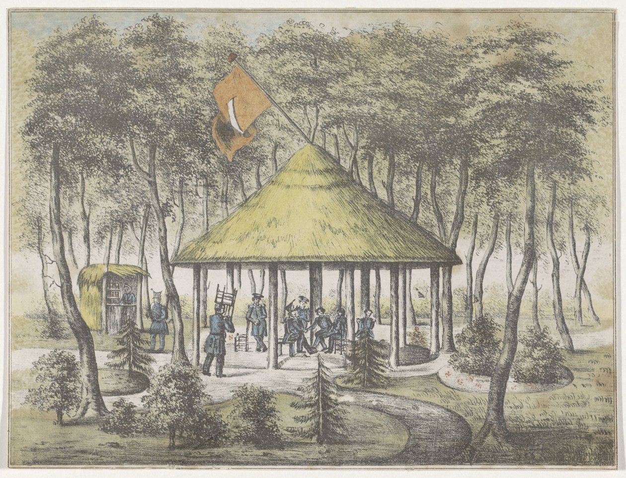 Tempel og have ved Boekel, 1831 Udsigt over tempel og have ved Boekel. Opført og bygget af vagtmilitsen i byen Groningen. Som en anerkendelse af den venlige velkomst den 23. juni 1831 til selskabets medlemmer som et minde af Anonymous