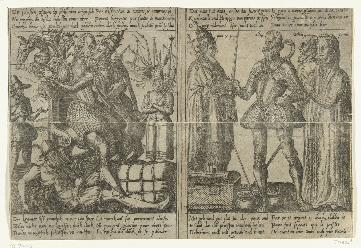 Mens Alva elsker Babylons hore, falder landets økonomi i forfald / Margaret af Parma, Granvelle og paven støtter Alvas mission, ca. 1567-1572 Alvas mission i Holland og konsekvenserne af hans tyranni (kopier), 1572 (serie af Anonymous