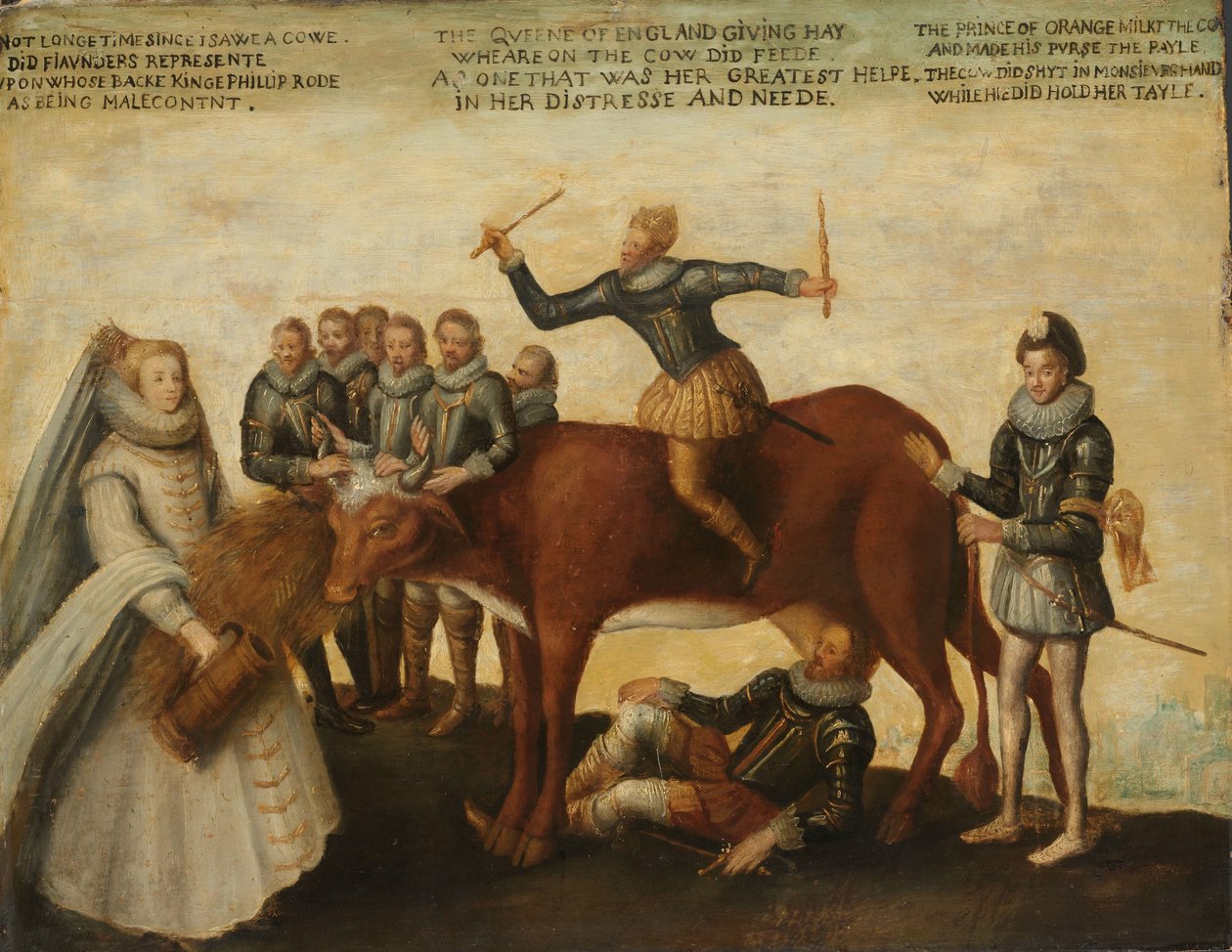 The Dairy Cow: De hollandske provinser, der gør oprør mod den spanske kong Philip II, ledes af prins William af Orange, staternes general beder dronning Elizabeth I om hjælp af Anonymous