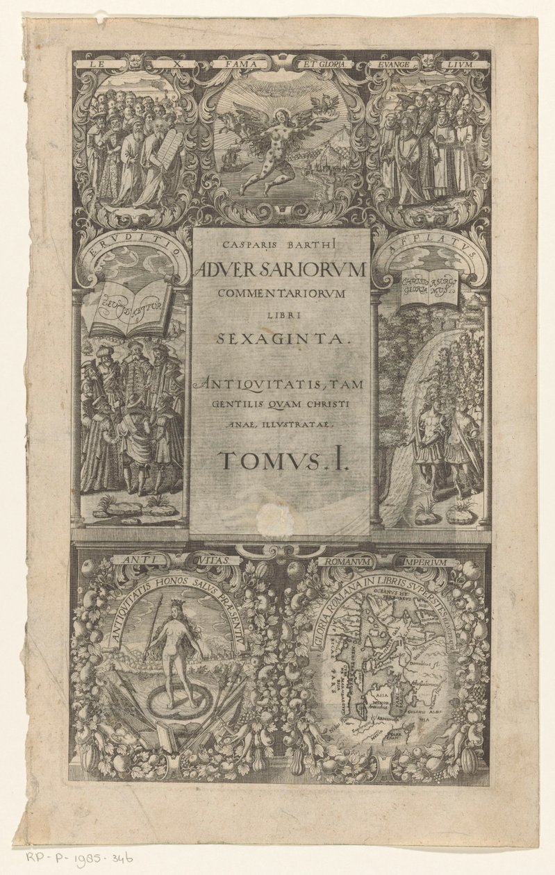 Titel med omkring zeven cartouches Modstanders kommentarer, tres bøger, bind I (titel på objekt) Titelside for: Caspar von Barth, Adversariorum commentariorum libri LX, 1624 af Anonymous