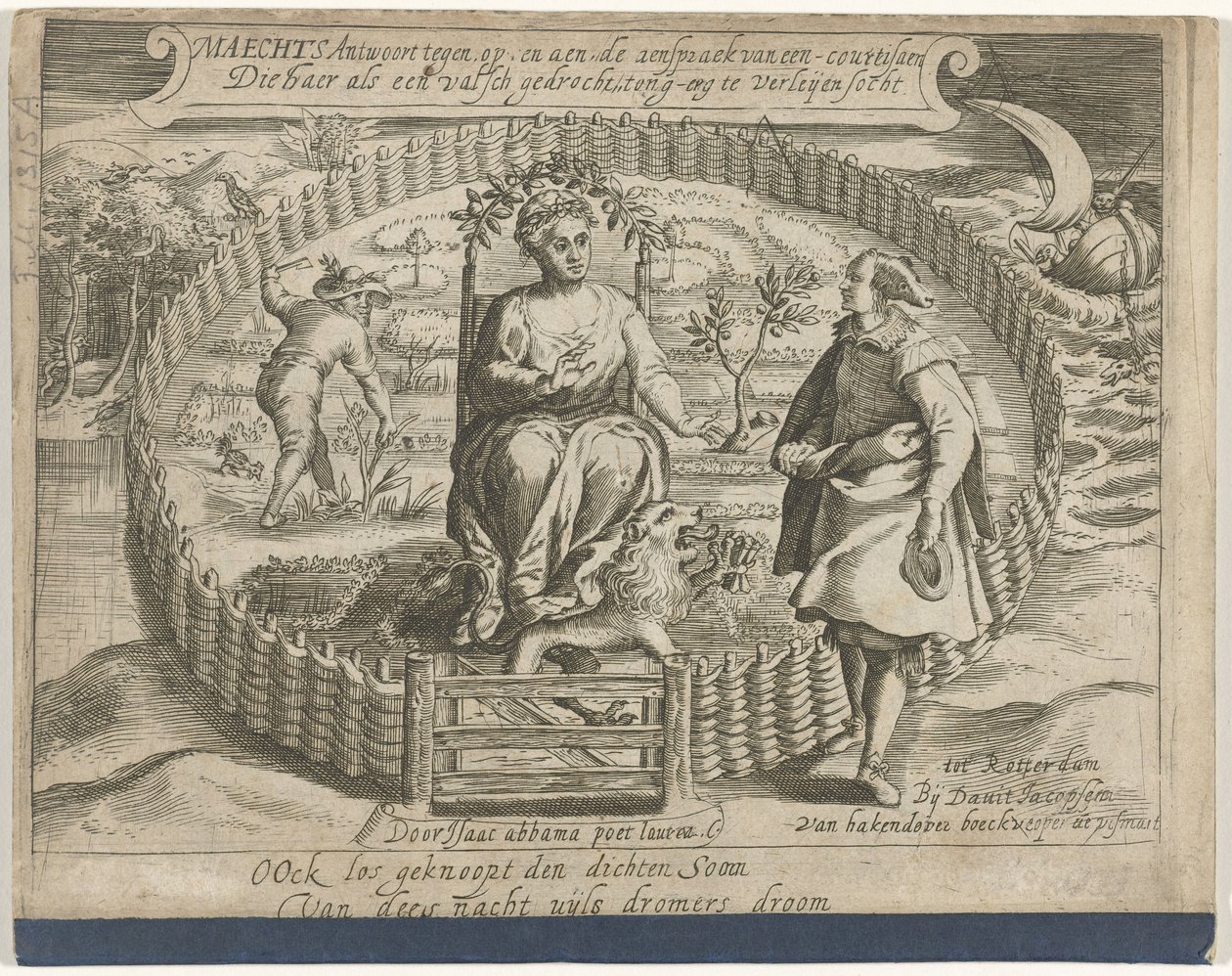 Pjecens titelside: Maechts svarer imod, på og aen, en kurtisans tale / Die haer als een falsk monstrøsitet, tunge-erg til leijen socht, 1617 af Anonymous