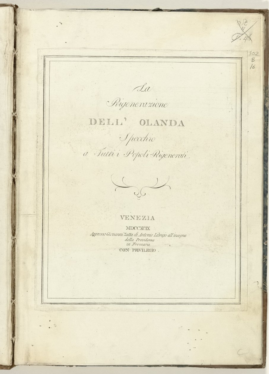 Sidetitel for: The regeneration of Holland, 1799 Hollands regeneration: et spejl til alle regenererede folk (titel på objekt) Hollandia Regenerata (Italiensk kopie) (serietitel) af Anonymous