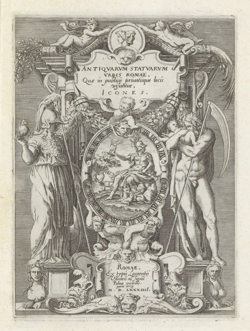 Titelprent mødte Rom, Minerva og Saturnus Antikke skulpturer i Rom (serietitel) Ikoner af de gamle statuer af byen Rom, som ses på offentlige steder (serietitel på objektet) af Anonymous