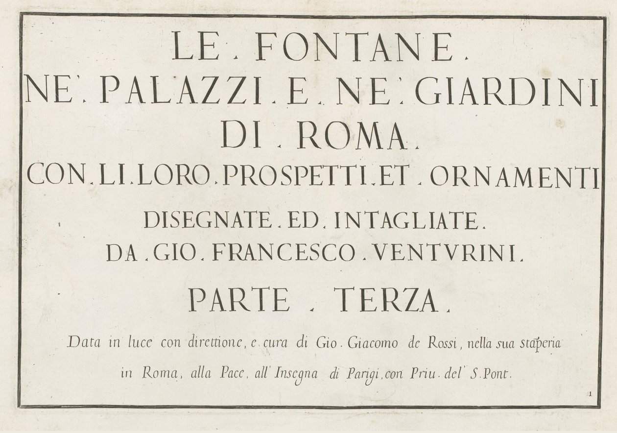 Titeltryk med indrammet titel Le fontane ne palazzi e ne giardini di Roma (serietitel) Springvand i Roms paladser og haver (serietitel) af Anonymous