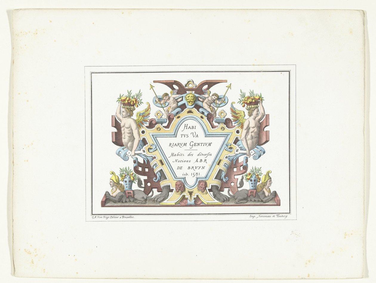 Titelprent for de serie kostuumprenten i faksimile Habitus Variarum Gentium Habitus Variarum Gentium / Habitz des divers Nations Abr De Bruyn inv. 1581 (titel på objekt) af Anonymous
