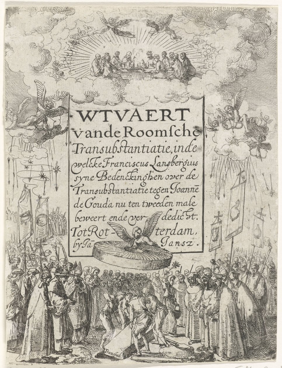 Titeltryk til pamfletten Wtvaert vande Roman Transubstantiatie, 1612 Wtvaert vande Roman Transsubstantiation, i den welcke Franciscus Lansbergius syne Bedenckinghen om Transsubstantiationen mod Joannes de Gouda hævder nu for anden Gang ende v af Anonymous