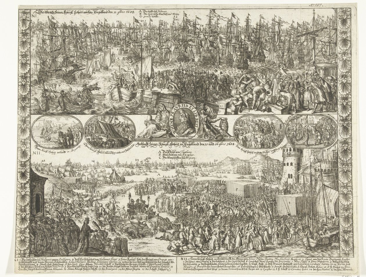 Datter af Willem III til England, 1688 The demolation of His kings: Highness in England on the 11th [novem]bris 1688 / Arrival of His kings: Highness in England on the 15th and 16th [novem]bris 1688 (titel på objekt) af Anonymous