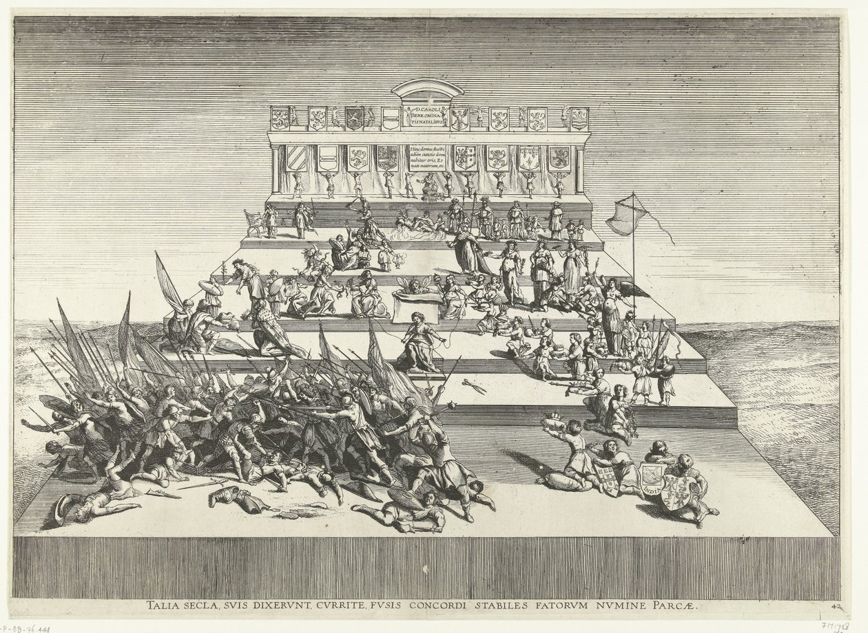 Toneelvoorstelling over oorlog en vrede; intocht van Ferdinand te Gent i 1635 (nr. 42) Sådanne århundreder, sagde de til deres egne, løb, med spindler i harmoni, stabile, skånet af skæbnens gud (titel på objekt) Genethliacon Theatre of Charles V af Anonymous