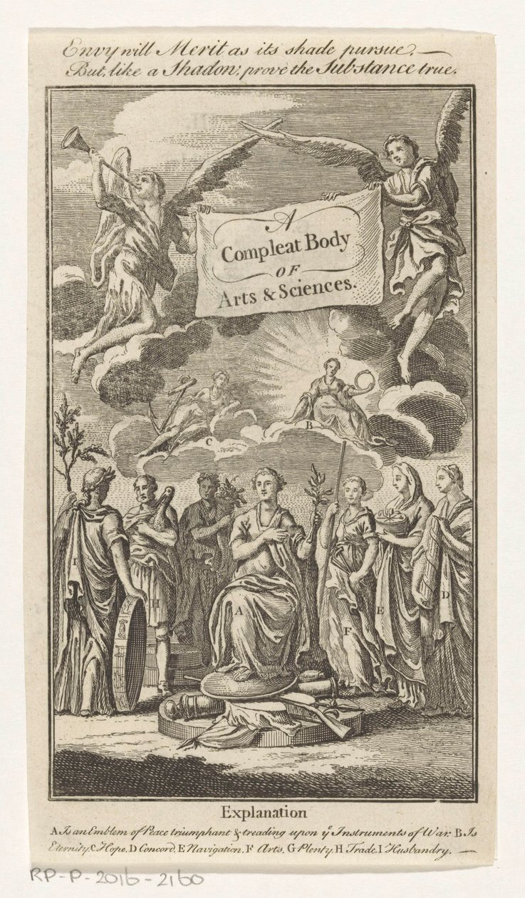 Triomf van Vrede En komplet Body of Arts & Sciences (titel på objekt) Titelside for: S.n., The Universal Magazin of Knowledge and Pleasure Vol III, 1748 af Anonymous