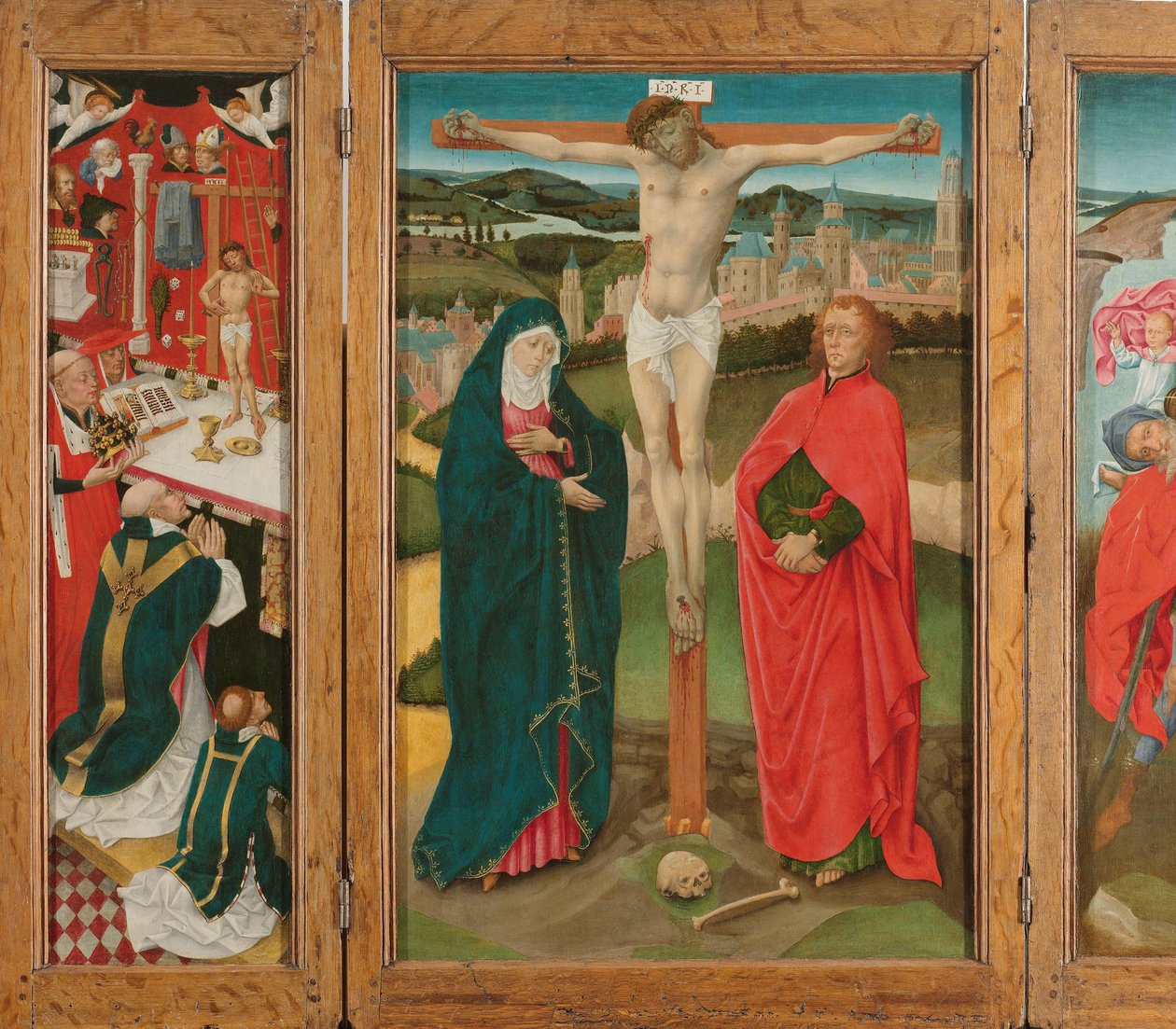 Triptykon med korsfæstelsen Triptykon med korsfæstelsen (midterpanel), Sankt Gregors messe (indre venstre fløj), Sankt Christopher (indre højre fløj) og bebudelsen til Maria (ydre vinger) af Anonymous