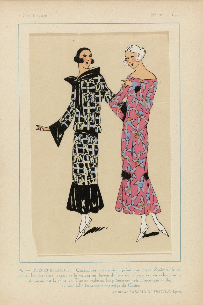 Meget parisisk, 1923, nr. 10: 4. - MÆRKELIGE BLOMSTER. - Charmerende denne printede kjole... af Anonymous