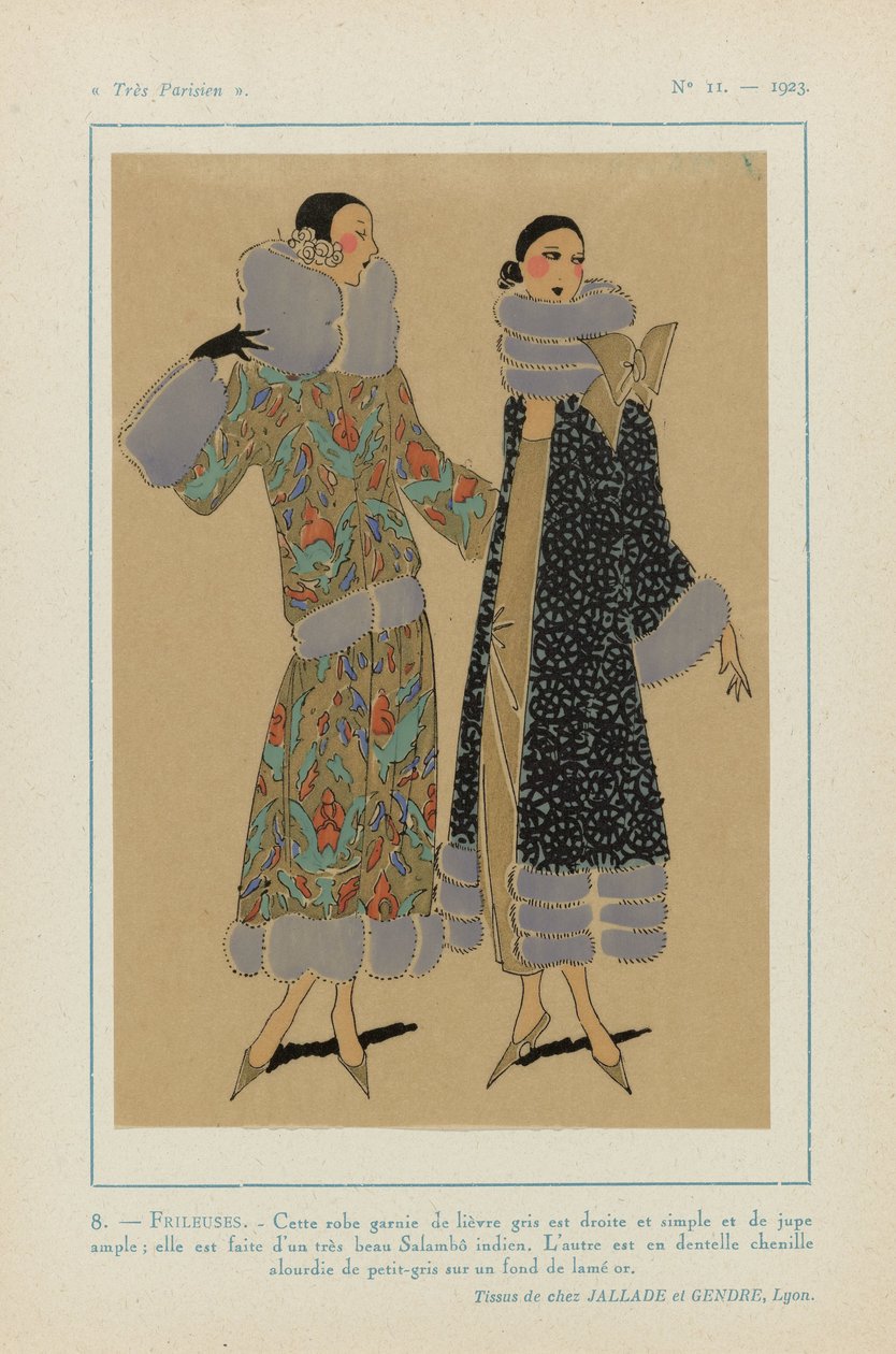 Meget parisisk, 1923, nr. 11: 8. - FRILEUSES. - Denne kjole trimmet med grå hare... af Anonymous