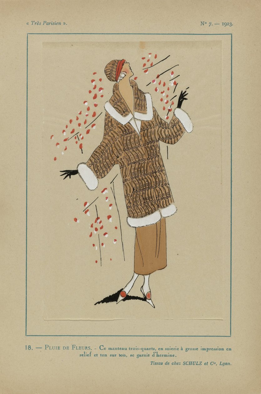 Meget parisisk, 1923, nr. 7: 18.- REGN AF BLOMSTER. / Denne trekvart frakke... af Anonymous