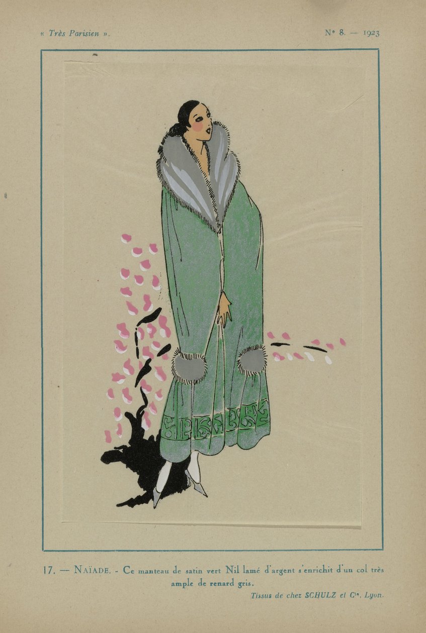 Meget parisisk, 1923, nr. 8: 17.- NAÏADE. - Denne nilgrønne satinfrakke... af Anonymous