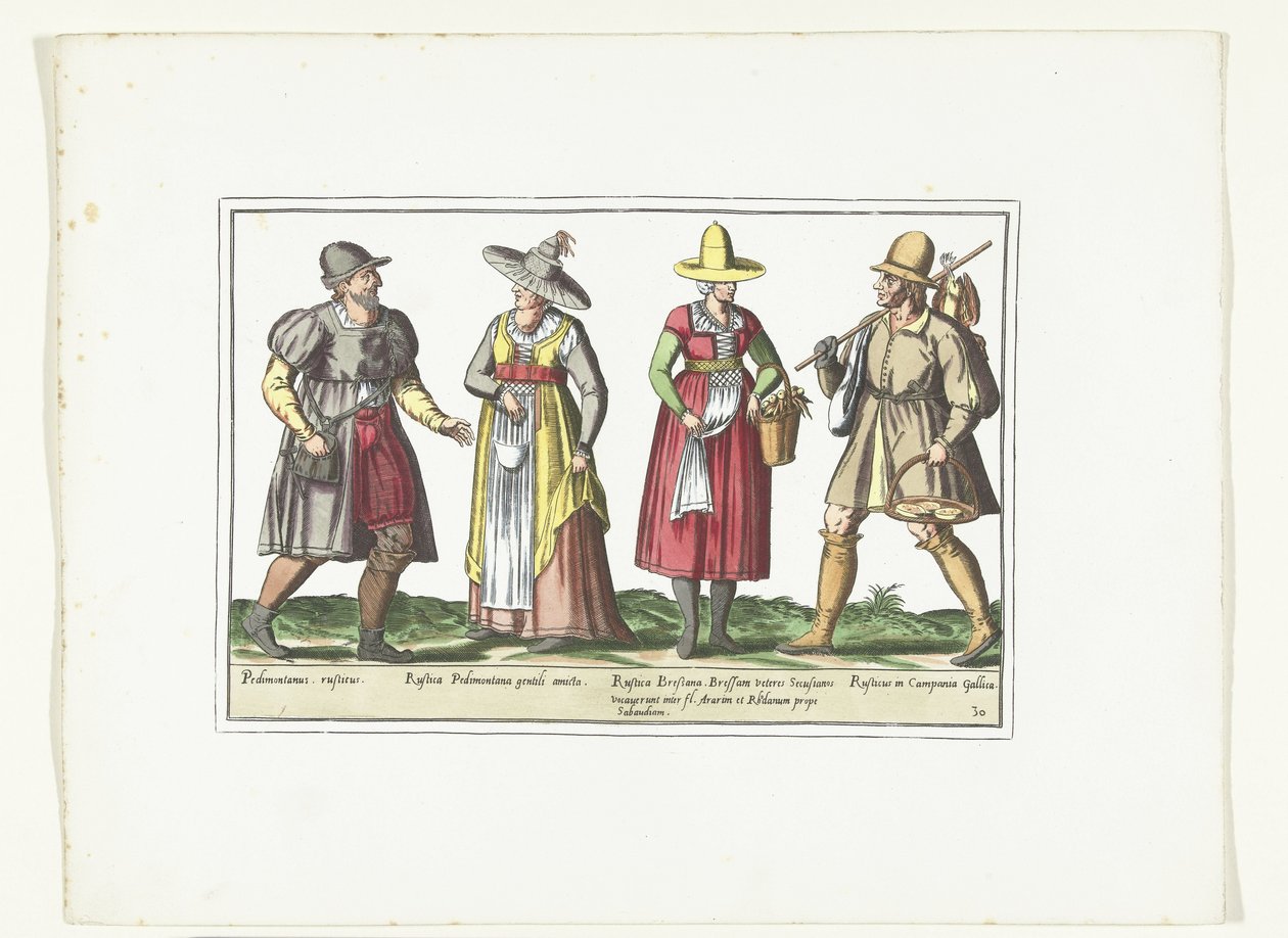 To bønder og to bondekvinder klædt i italiensk mode, ca. 1580 Kostumer Italiens (titel på objekt) af Anonymous