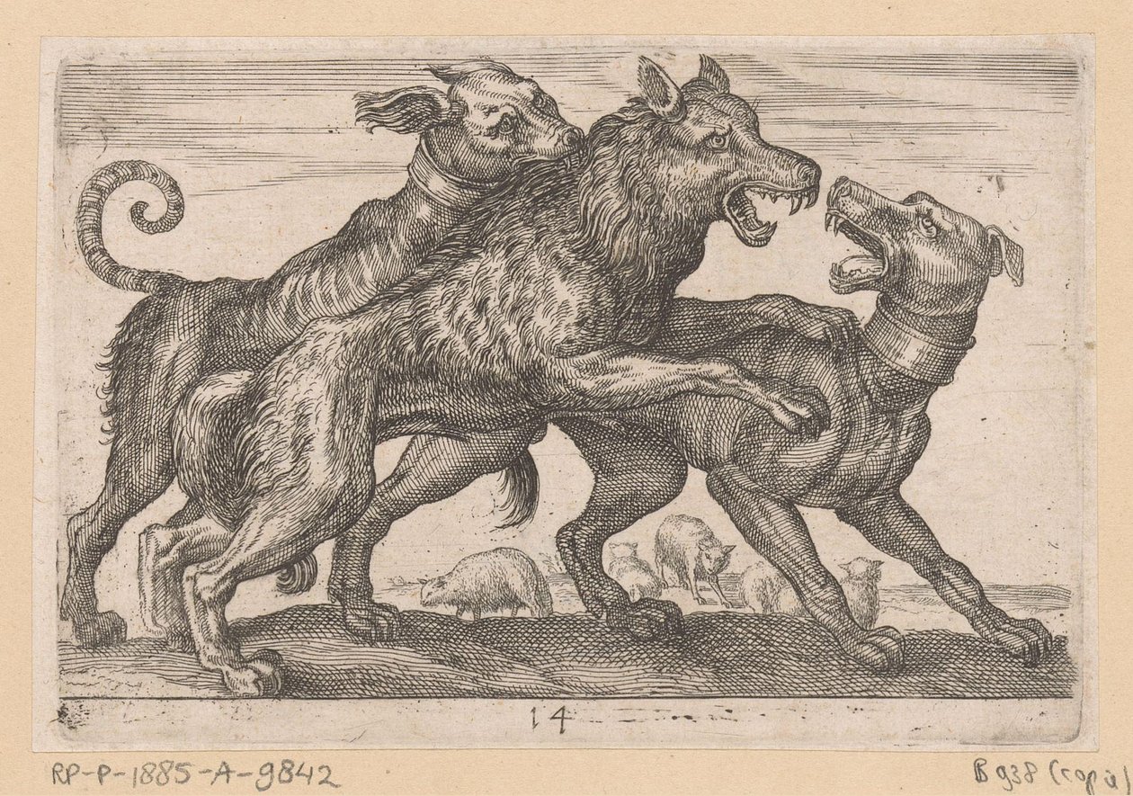 To hunde kæmper mod en ulv Fighting Animals (kopier) (serietitel) af Anonymous