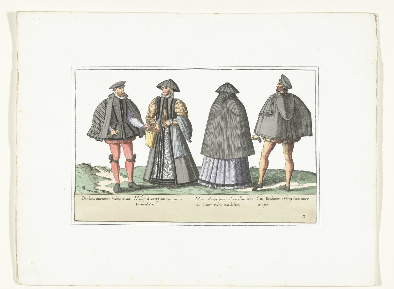 To mænd og to kvinder klædte sig efter mode i Antwerpen og Brabant, ca. 1580 Kostumer civils des Pays-Bas (titel på objekt) af Anonymous