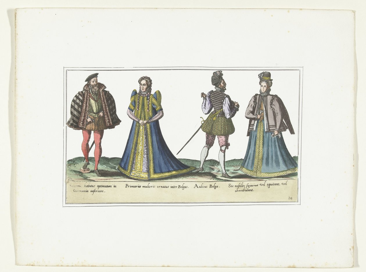 To kvinder og to mænd klædt sig efter mode i Nordrhein-Westfalen og Flandern, ca. 1580 Kostumer Bas-Allemands et Flamands (titel på objekt) af Anonymous