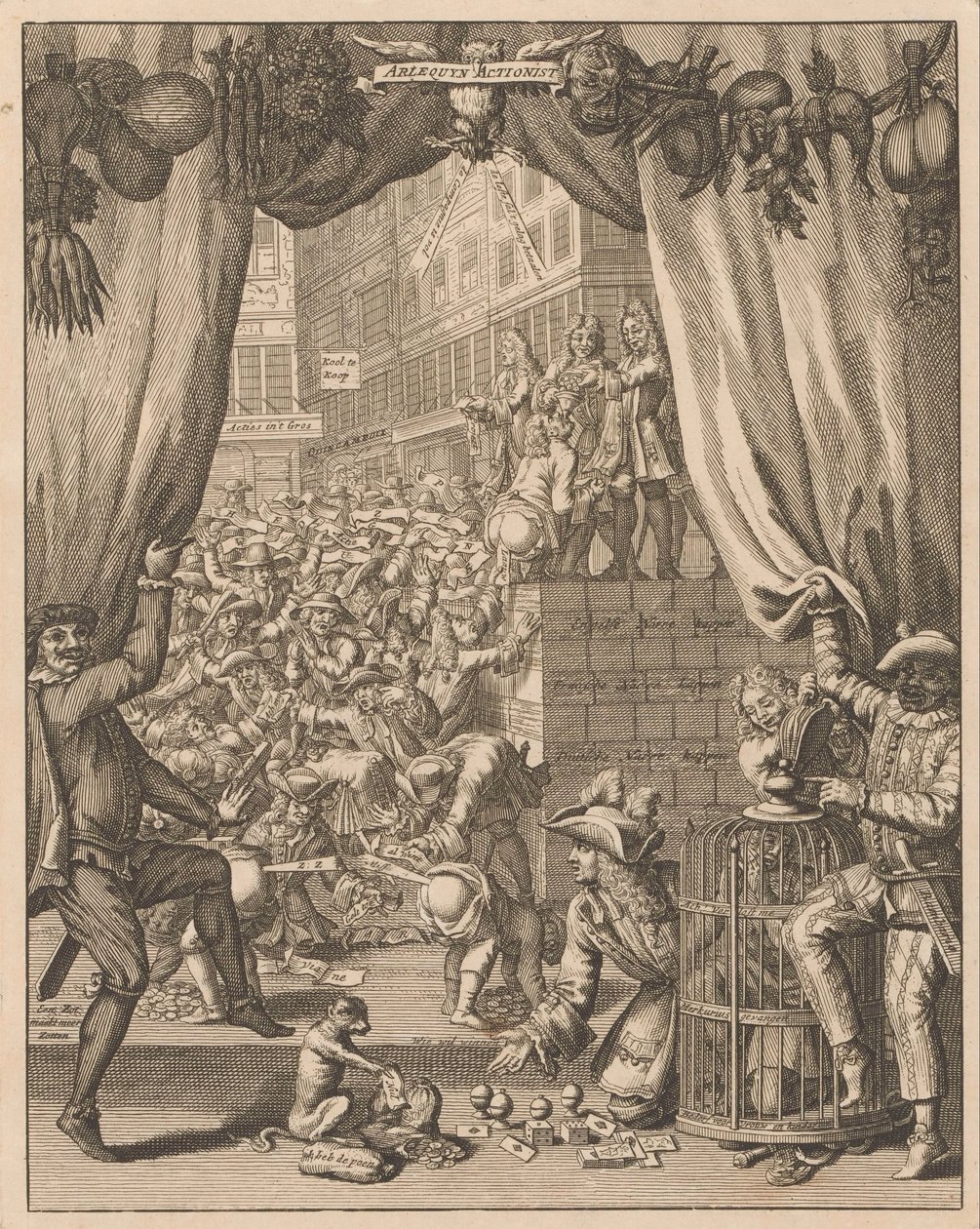 Forklaring af pladen Harlequin Actionist, 1720 Arlequyn Actionist (titel på objekt) Forklaring af Tytelplaat, for Arlequyn Actionist (titel på objekt) The Great Scene of Folly (serietitel) af Anonymous