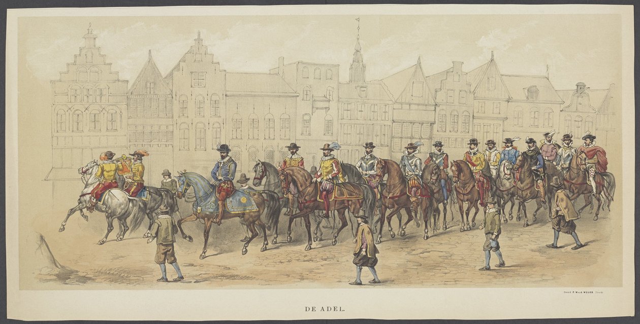 Utrecht maskerade, plade a: adelen, 1856 Adelen. (titel på objekt) The Founders of Dutch Freedom, (tid af William I) præsenteret af H.H. medlemmer af Utrechts studenterkorps i fejringen af ​​220-året for Utrechtsche Hooge af Anonymous