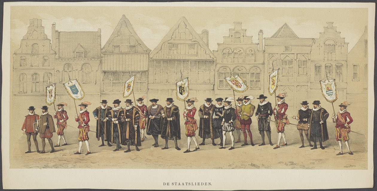 Utrecht Masquerade, plade c: Statsmænd, 1856 Statsmændene (titel på objekt) The Founders of Dutch Freedom, (tid af William I) præsenteret af H.H. medlemmer af Utrecht Student Corps, til fejring af 220-året for Utrecht University af Anonymous