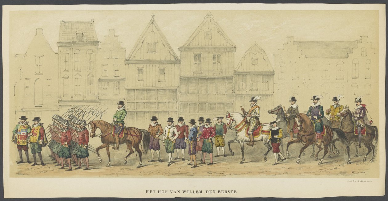 Utrecht maskerade, tavle d: hoffet, 1856 The Court of William the First (titel på objekt) The Founders of Dutch Freedom, (tid af William I) præsenteret af H.H. medlemmer af Utrecht studentkorps, i anledning af 220 års jubilæet af Anonymous