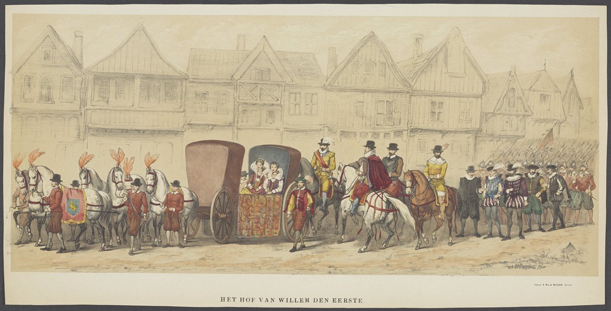 Utrecht maskerade, plade e: hoffet, 1856 The Court of William the First (titel på objekt) The Founders of Dutch Freedom, (tid af William I) præsenteret af H.H. medlemmer af Utrecht studentkorps, i anledning af 220 års jubilæet af Anonymous