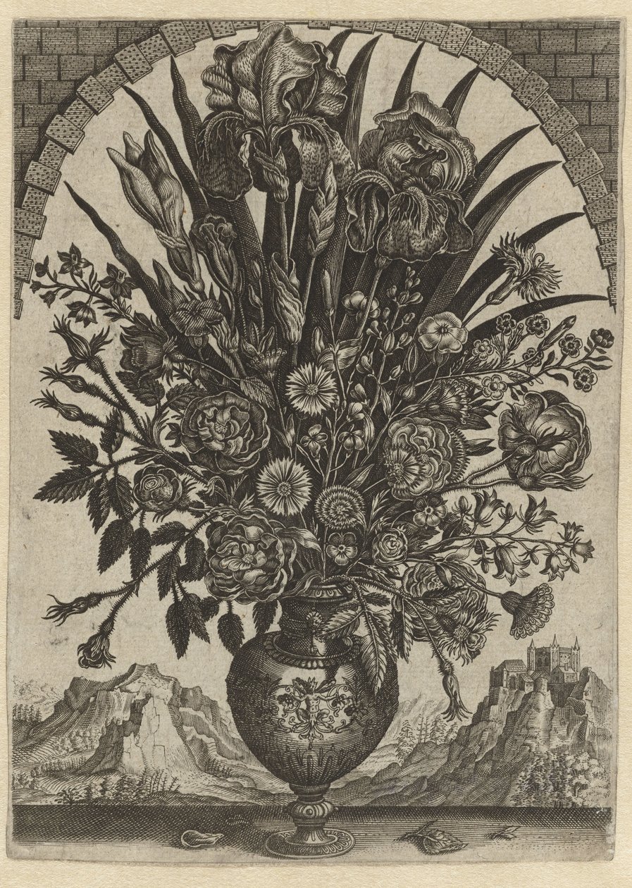 Vase med blomster i et buet vindue af Anonymous