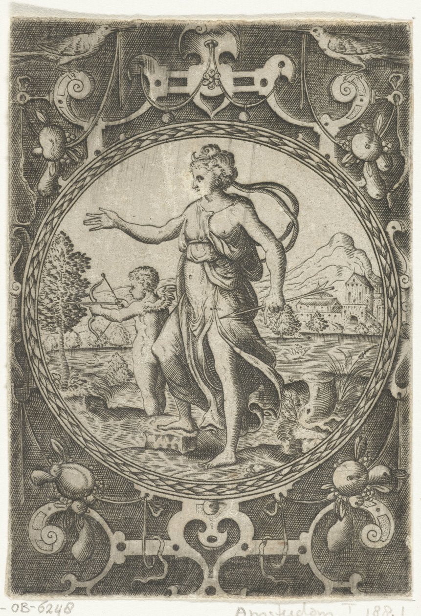 Venus og Amor Medaljoner med figurer fra Paris-dommen i en ramme af beslag med guirlander (serietitel) af Anonymous
