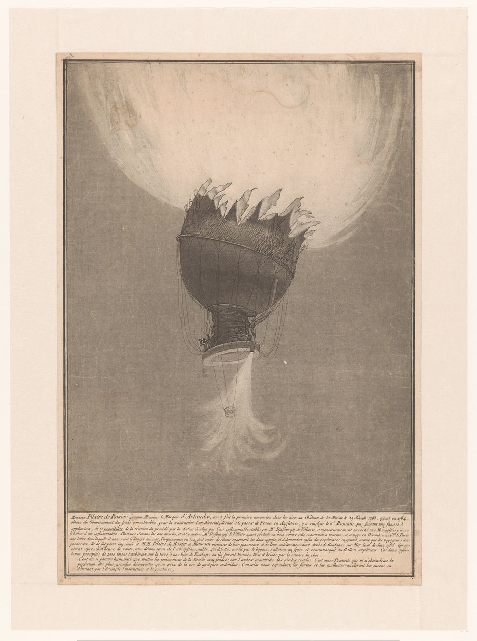 Verongelukken van de luchtballon van Pilatre de Rozier en Romain boven Boulogne, 15. juni 1785 Ascension ødelagt af Pilatre de Rosier og Romain på Château de la Muette den 21. november 1783 efter at have opnået betydelige midler fra regeringen i 1784 af Anonymous