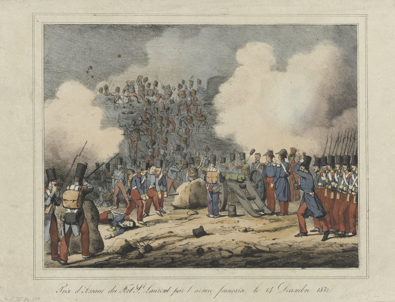 Verovering van de Lunet van Saint-Laurent, 1832 Stormning af Fort St. Laurent af den franske hær, 14. december 1832 (titel på objekt) af Anonymous