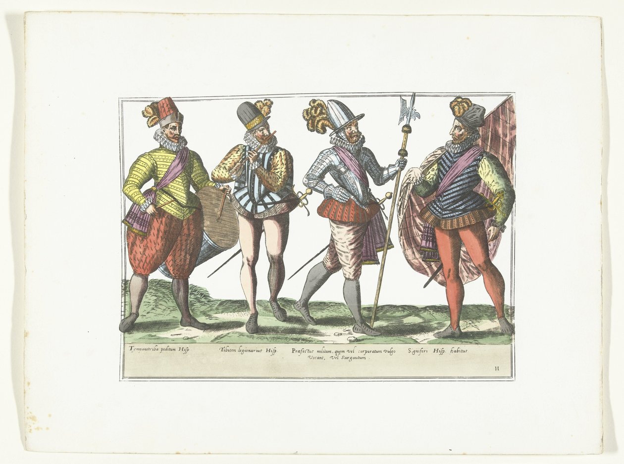 Fire spanske soldater i uniform, ca. 1580 Kostumer militære Espagnols (titel på objekt) af Anonymous