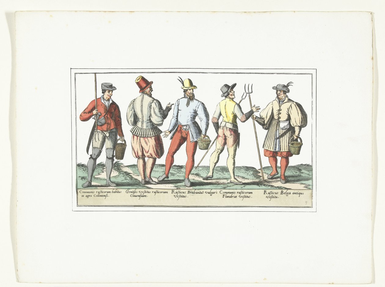 Fire bønder klædt i den nuværende mode og en i den gamle mode, ca. 1580 Modes Rustiques (titel på objekt) af Anonymous