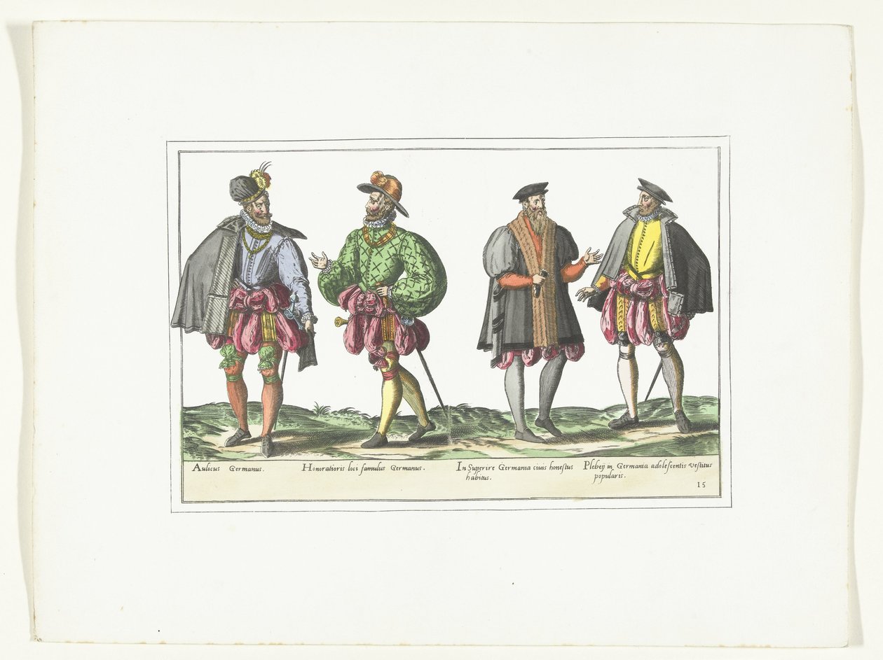 Fire mænd klædt i tysk mode, ca. 1580 Kostumer Allemands (titel på objekt) af Anonymous