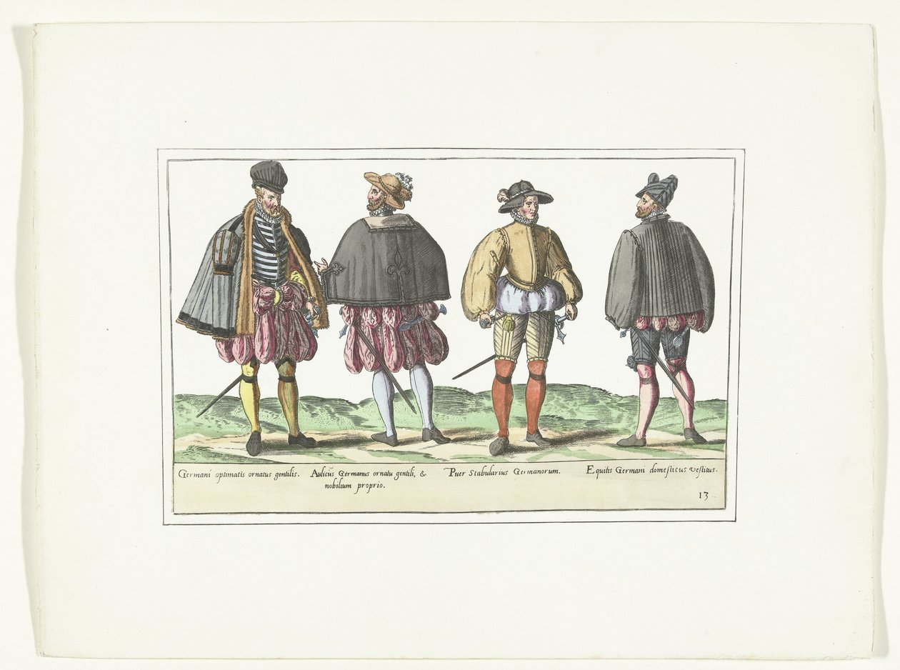 Fire mænd klædt i tysk mode, ca. 1580 Kostumer Allemands (titel på objekt) af Anonymous