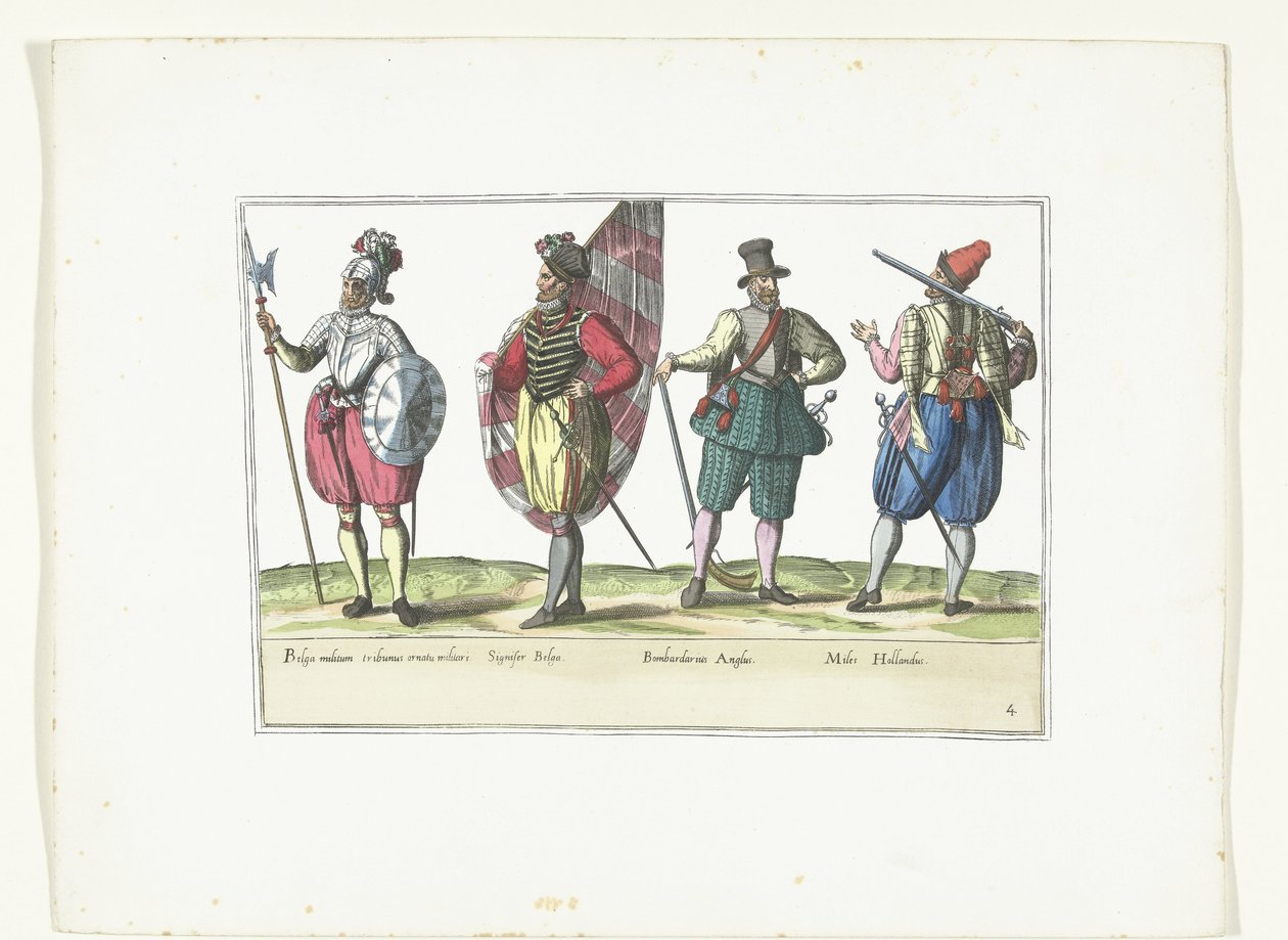 Fire soldater i uniformer efter mode i Holland og England, ca. 1580 Militærkostumer des Pays-Bas (titel på objekt) af Anonymous