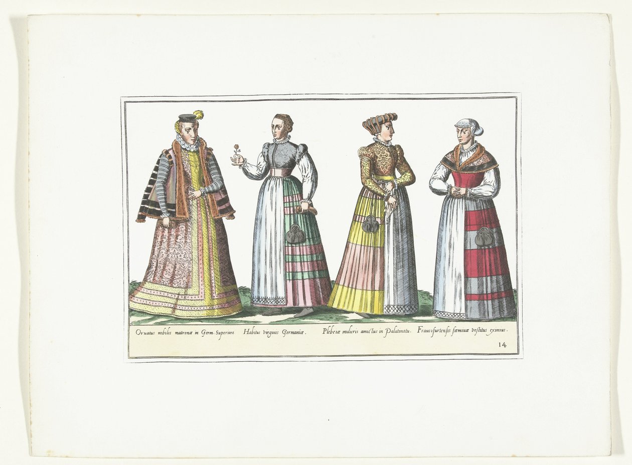 Fire kvinder klædt i tysk mode, ca. 1580 Kostumer Allemands (titel på objekt) af Anonymous