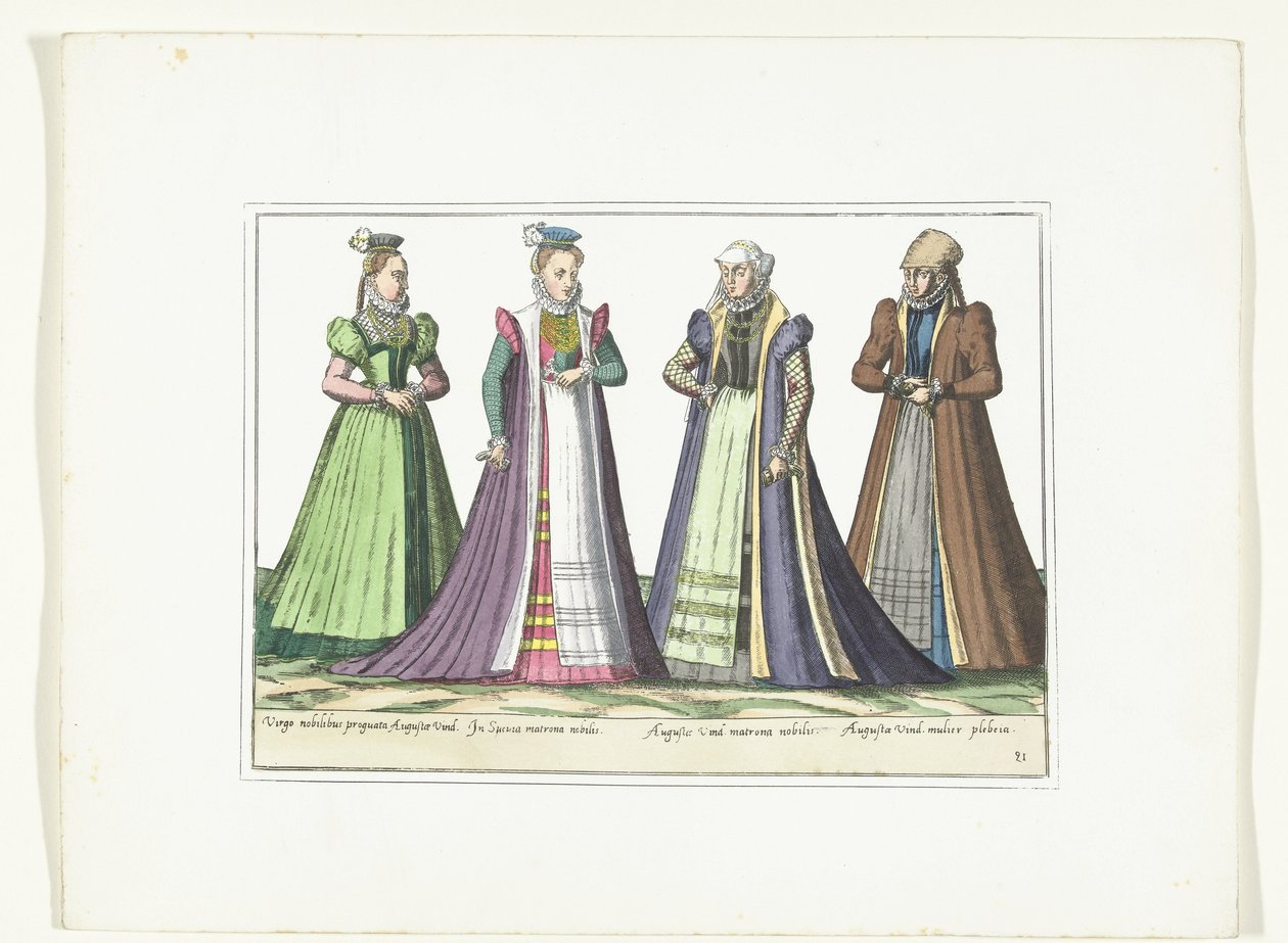 Fire kvinder klædt i tysk mode i Augsburg, ca. 1580 Kostumer Allemands (titel på objekt) af Anonymous
