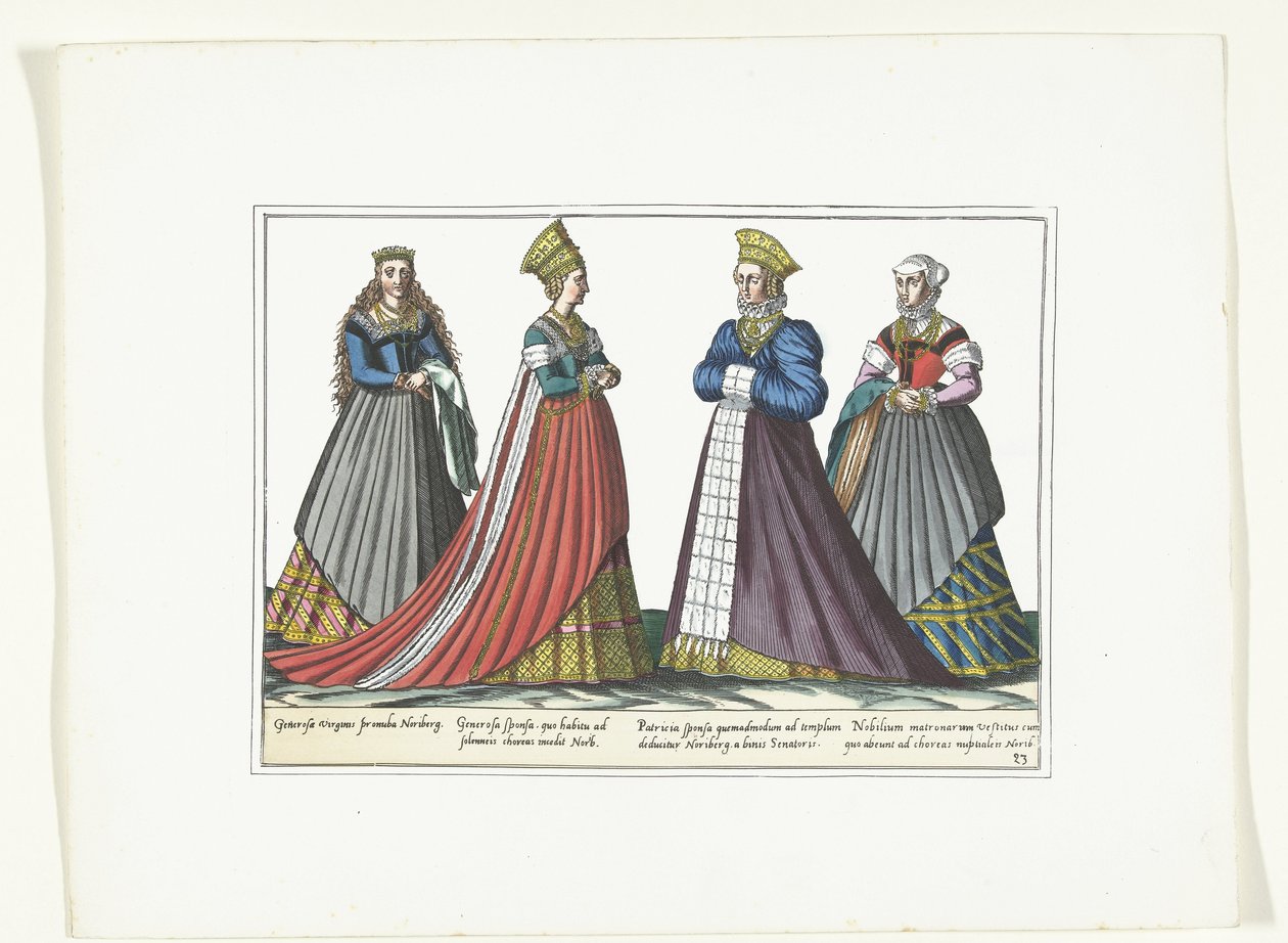Fire kvinder klædt i tysk mode i Nürnberg, ca. 1580 Kostumer Allemands (titel på objekt) af Anonymous