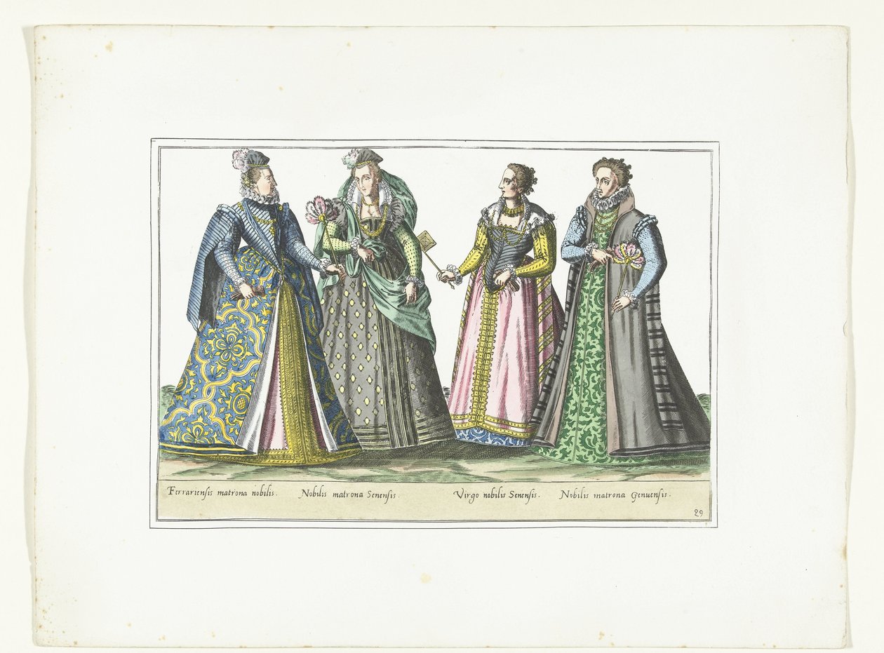 Fire kvinder klædt i italiensk mode, ca. 1580 Kostumer Italiens (titel på objekt) af Anonymous