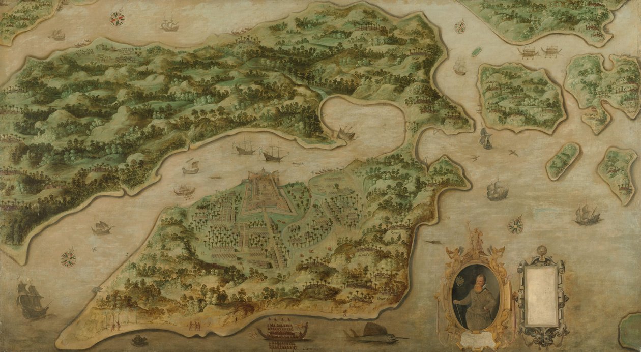 Udsigt over Ambon Ambon i fugleperspektiv med et portræt af Frederik Houtman (1571-1627) i en kartouche af Anonymous