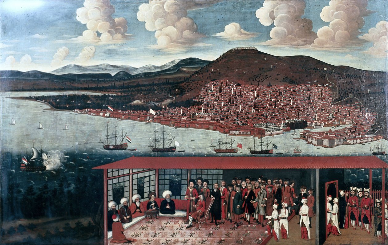 Udsigt over Smyrna (Izmir) og receptionen givet til konsul de Hochepied (1657-1723) i rådssalen af Anonymous