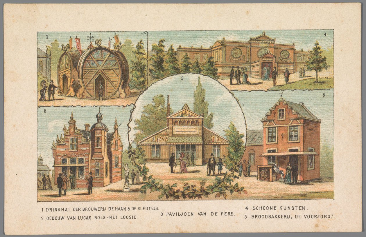 Fem pavilloner på verdensudstillingen i Amsterdam, 1883 1 Drikkehal på De Haan & De Sleutels bryggeriet. 2 Lucas Bols