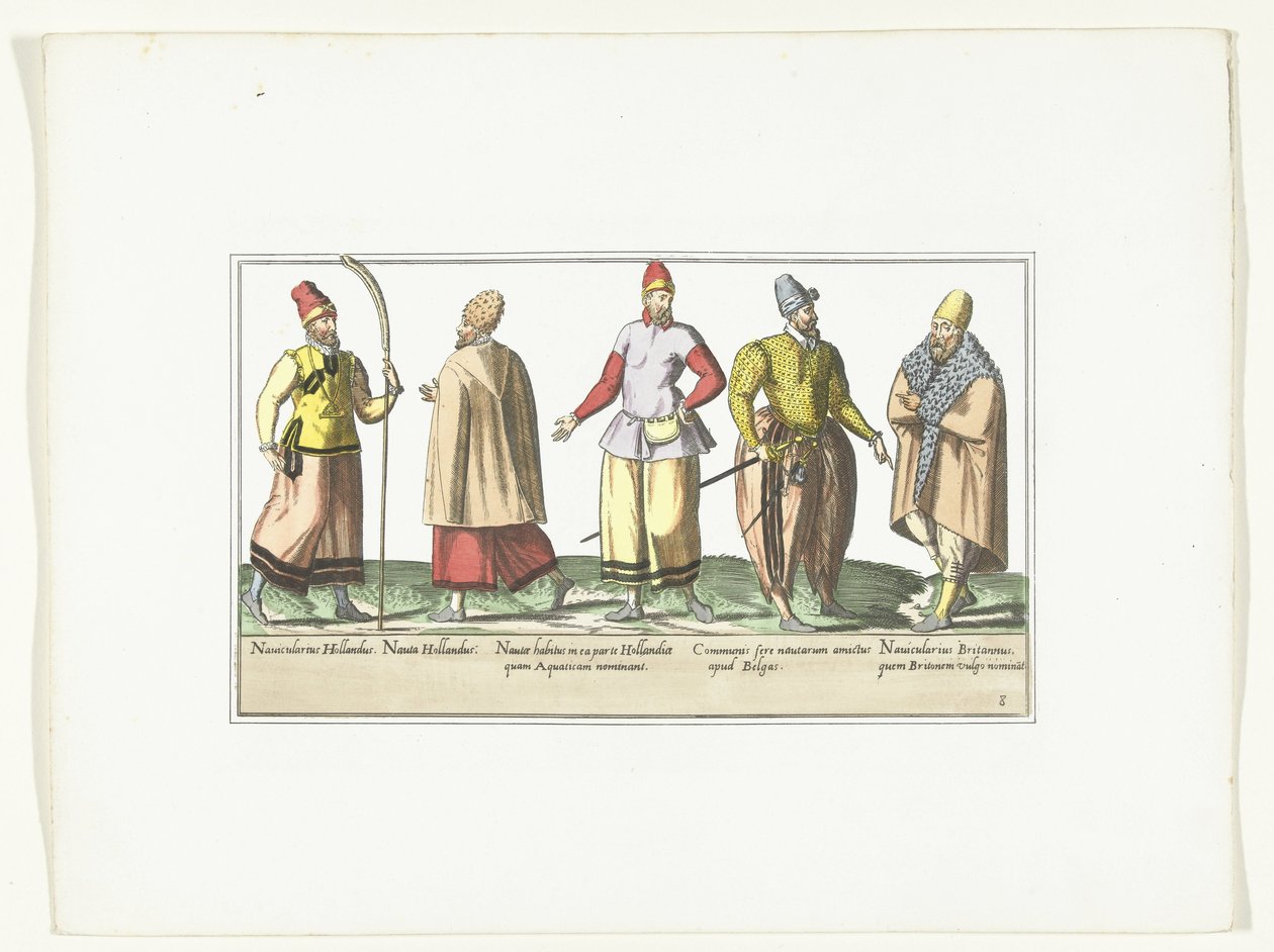 Fem sømænd klædt i mode fra Holland og Bretagne, ca. 1580 Kostumer marins (titel på objekt) af Anonymous